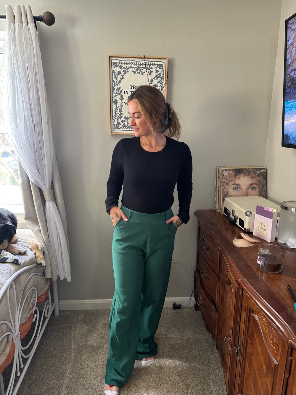 Wide Leg High-Rise Pants in Forest Green